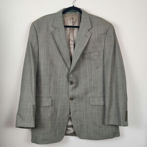 LRL Men's Wool Plaid Houndstooth Two Button Blazer Suit Jacket Tan 44R Academia